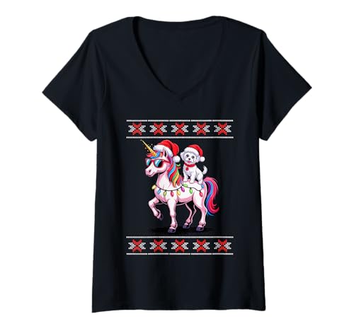 Damen Christmas Maltese Dog Unicorn Sunglasses T-Shirt mit V-Ausschnitt Damen Christmas Maltese Dog Unicorn Sunglasses T-Shirt mit V-Ausschnitt von Malteses Maltese Dog Lover Gifts