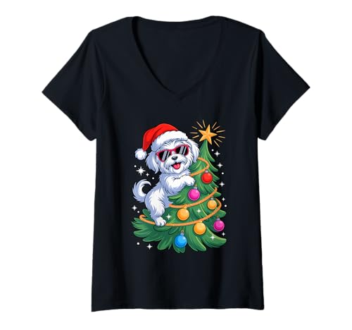 Damen Christmas Tree Maltese Dog Sunglasses T-Shirt mit V-Ausschnitt von Malteses Maltese Dog Lover Gifts
