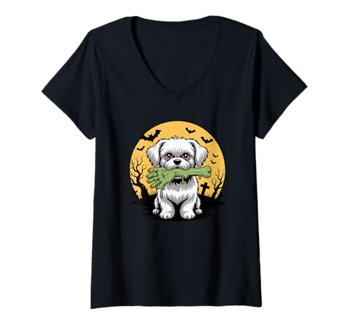 Damen Halloween Mond Zombie Hand Maltese Malteses T-Shirt mit V-Ausschnitt Damen Halloween Mond Zombie Hand Maltese Malteses T-Shirt mit V-Ausschnitt von Malteses Maltese Dog Lover Gifts