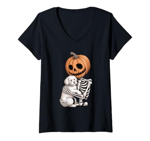 Damen Halloween Skeleton Maltese Dog T-Shirt mit V-Ausschnitt Damen Halloween Skeleton Maltese Dog T-Shirt mit V-Ausschnitt von Malteses Maltese Dog Lover Gifts
