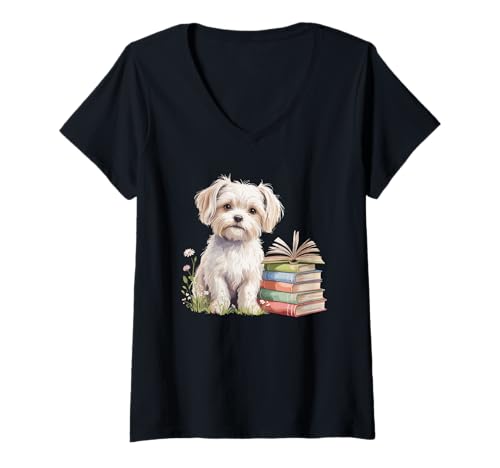 Damen Maltese Bookworm Flowers Book Reading Books Malteses T-Shirt mit V-Ausschnitt von Malteses Maltese Dog Lover Gifts
