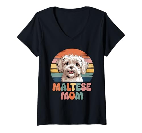 Damen Retro Maltese Mom T-Shirt mit V-Ausschnitt Damen Retro Maltese Mom T-Shirt mit V-Ausschnitt von Malteses Maltese Dog Lover Gifts