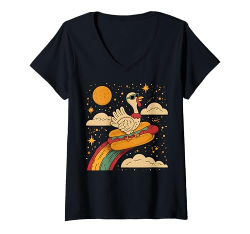 Damen Thanksgiving Truthahn Hotdog Lustiges Lebensmittel-Design T-Shirt mit V-Ausschnitt von Malthanksgivinglove
