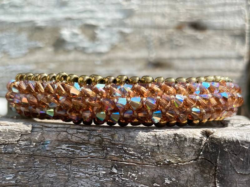 Swarovski Armband Topaz „Cozy Brown" Glitzer Bracelet Antikbronze Eichel Häkelkorb Organizer Deko Holz Crochet von Maluo