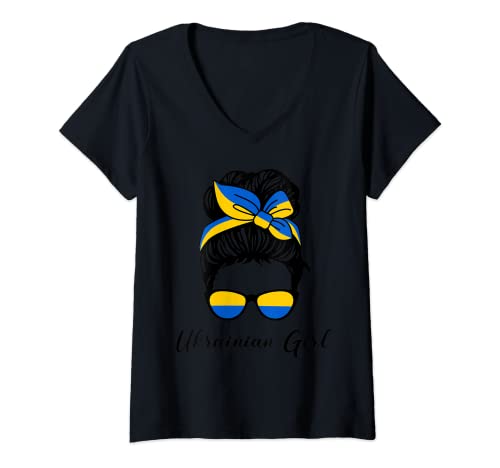 Damen Ukrainisches Mädchen in blauen und gelben Farben der Ukraine T-Shirt mit V-Ausschnitt von Malva Design