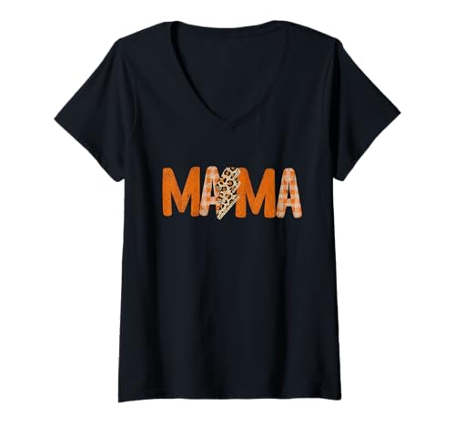 Damen Mama Lightning Bolt Leopard Gepardenmuster Plaid Thanksgiving T-Shirt mit V-Ausschnitt Damen Mama Lightning Bolt Leopard Gepardenmuster Plaid Thanksgiving T-Shirt mit V-Ausschnitt von Mama Lightning Bolt Leopard Cheetah Print Fall