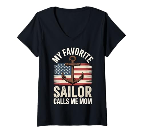 Damen My Favorite Sailor Calls Me Mom T-Shirt mit V-Ausschnitt Damen My Favorite Sailor Calls Me Mom T-Shirt mit V-Ausschnitt von Mama Matrosensohn Mutter Militär