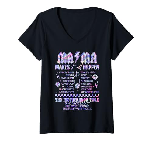 Damen Mama macht alles möglich und rockt The Motherhood Epic Glow T-Shirt mit V-Ausschnitt von Mama Rock Motherhood Tour 2024 Mothers Day Gift