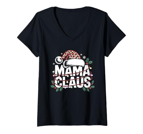 Damen Mama Claus Leopard Weihnachtsmannmütze Weihnachtsbeleuchtung Frauen Mama T-Shirt mit V-Ausschnitt Damen Mama Claus Leopard Weihnachtsmannmütze Weihnachtsbeleuchtung Frauen Mama T-Shirt mit V-Ausschnitt von Mama Santa Claus Xmas for Mother
