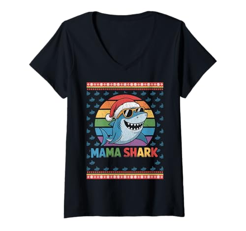 Damen Mama Shark Lustiger Hai-Weihnachtsmütze Hässlicher Weihnachtspullover T-Shirt mit V-Ausschnitt von Mama Shark Santa Hat Ugly Christmas Sweater
