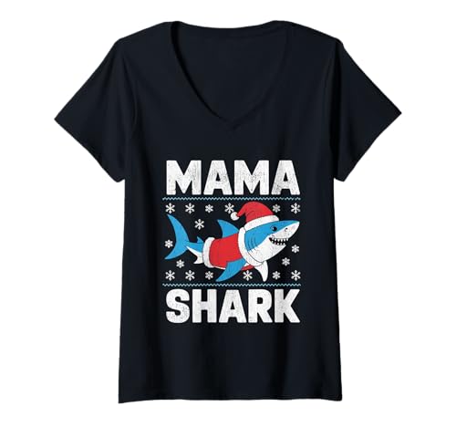 Damen Mama Shark Lustiger Hai-Weihnachtsmütze Hässlicher Weihnachtspullover T-Shirt mit V-Ausschnitt Damen Mama Shark Lustiger Hai-Weihnachtsmütze Hässlicher Weihnachtspullover T-Shirt mit V-Ausschnitt von Mama Shark Santa Hat Ugly Christmas Sweater