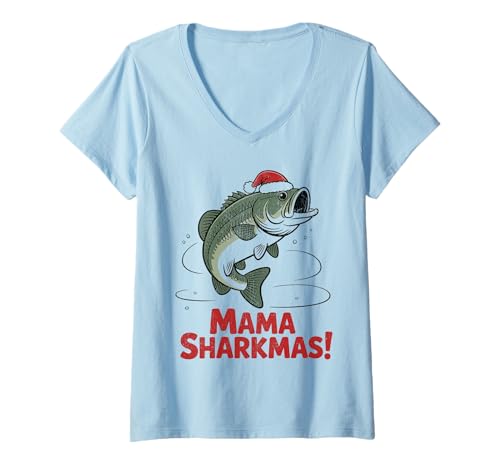 Damen Mama Sharkmas Lustiger Hai Weihnachtsmannmütze Hässlicher Weihnachtspullover T-Shirt mit V-Ausschnitt von Mama Shark Santa Hat Ugly Christmas Sweater