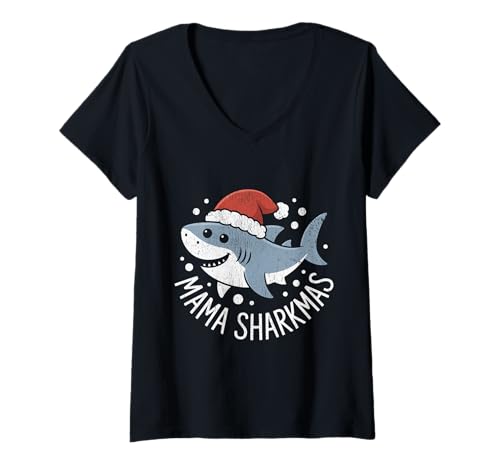 Damen Mama Sharkmas Lustiger Hai Weihnachtsmannmütze Hässlicher Weihnachtspullover T-Shirt mit V-Ausschnitt von Mama Shark Santa Hat Ugly Christmas Sweater