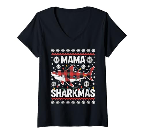 Damen Mama Sharkmas Lustiger Hai Weihnachtsmannmütze Hässlicher Weihnachtspullover T-Shirt mit V-Ausschnitt von Mama Shark Santa Hat Ugly Christmas Sweater