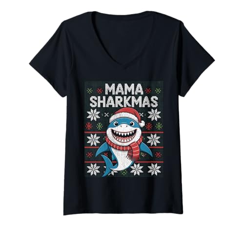 Damen Mama Sharkmas Lustiger Hai Weihnachtsmannmütze Hässlicher Weihnachtspullover T-Shirt mit V-Ausschnitt von Mama Shark Santa Hat Ugly Christmas Sweater