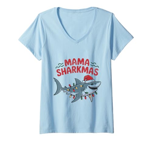 Damen Mama Sharkmas Lustiger Hai Weihnachtsmannmütze Hässlicher Weihnachtspullover T-Shirt mit V-Ausschnitt von Mama Shark Santa Hat Ugly Christmas Sweater