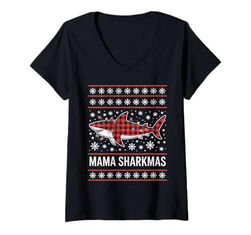 Damen Mama Sharkmas Lustiger Hai Weihnachtsmannmütze Hässlicher Weihnachtspullover T-Shirt mit V-Ausschnitt von Mama Shark Santa Hat Ugly Christmas Sweater