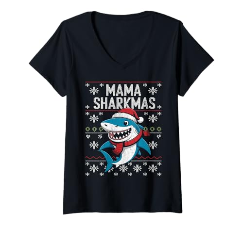 Damen Mama Sharkmas Lustiger Hai Weihnachtsmannmütze Hässlicher Weihnachtspullover T-Shirt mit V-Ausschnitt von Mama Shark Santa Hat Ugly Christmas Sweater