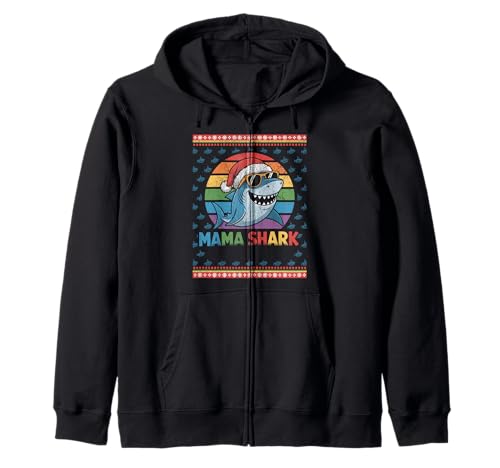 Mama Shark Lustiger Hai-Weihnachtsmütze Hässlicher Weihnachtspullover Kapuzenjacke von Mama Shark Santa Hat Ugly Christmas Sweater