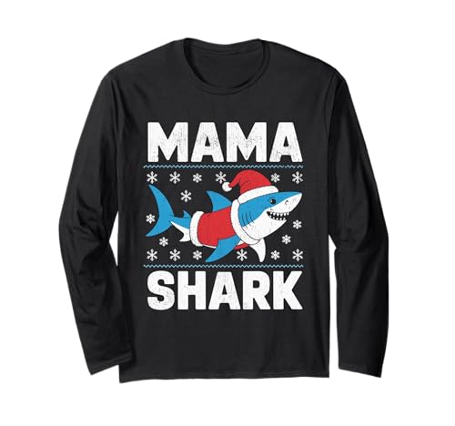 Mama Shark Lustiger Hai-Weihnachtsmütze Hässlicher Weihnachtspullover Langarmshirt von Mama Shark Santa Hat Ugly Christmas Sweater