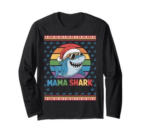 Mama Shark Lustiger Hai-Weihnachtsmütze Hässlicher Weihnachtspullover Langarmshirt von Mama Shark Santa Hat Ugly Christmas Sweater