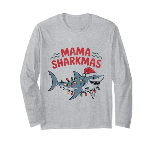 Mama Sharkmas Lustiger Hai Weihnachtsmannmütze Hässlicher Weihnachtspullover Langarmshirt von Mama Shark Santa Hat Ugly Christmas Sweater