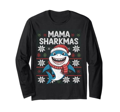 Mama Sharkmas Lustiger Hai Weihnachtsmannmütze Hässlicher Weihnachtspullover Langarmshirt von Mama Shark Santa Hat Ugly Christmas Sweater