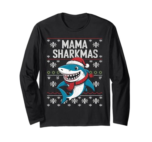 Mama Sharkmas Lustiger Hai Weihnachtsmannmütze Hässlicher Weihnachtspullover Langarmshirt von Mama Shark Santa Hat Ugly Christmas Sweater