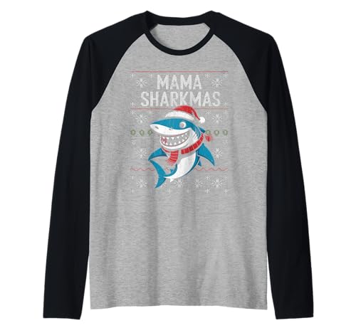 Mama Sharkmas Lustiger Hai Weihnachtsmannmütze Hässlicher Weihnachtspullover Raglan von Mama Shark Santa Hat Ugly Christmas Sweater