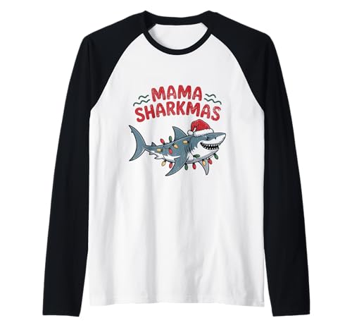 Mama Sharkmas Lustiger Hai Weihnachtsmannmütze Hässlicher Weihnachtspullover Raglan von Mama Shark Santa Hat Ugly Christmas Sweater