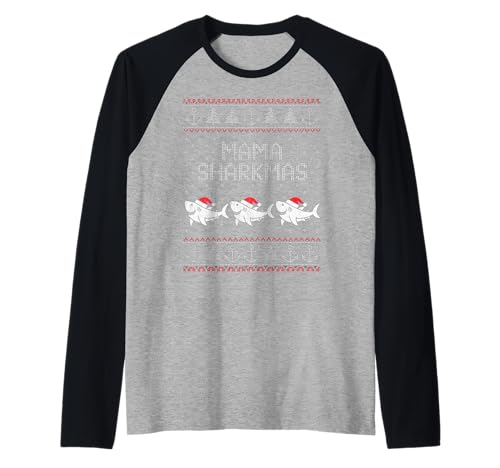 Mama Sharkmas Lustiger Hai Weihnachtsmannmütze Hässlicher Weihnachtspullover Raglan von Mama Shark Santa Hat Ugly Christmas Sweater