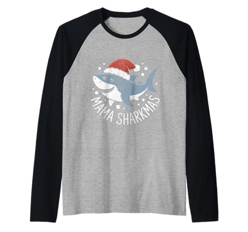 Mama Sharkmas Lustiger Hai Weihnachtsmannmütze Hässlicher Weihnachtspullover Raglan von Mama Shark Santa Hat Ugly Christmas Sweater