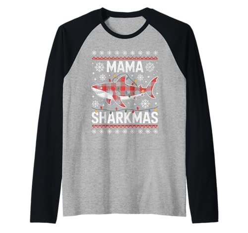 Mama Sharkmas Lustiger Hai Weihnachtsmannmütze Hässlicher Weihnachtspullover Raglan von Mama Shark Santa Hat Ugly Christmas Sweater