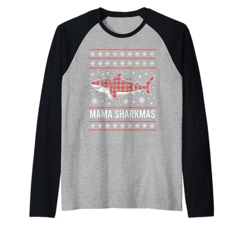 Mama Sharkmas Lustiger Hai Weihnachtsmannmütze Hässlicher Weihnachtspullover Raglan von Mama Shark Santa Hat Ugly Christmas Sweater