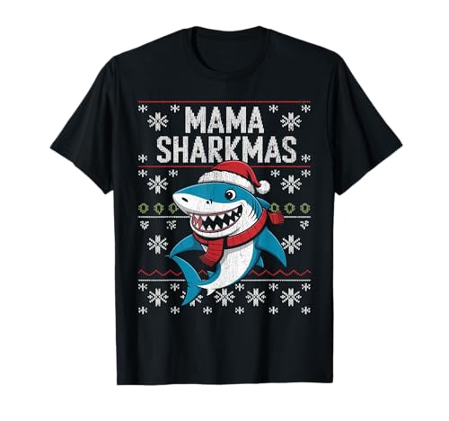 Mama Sharkmas Lustiger Hai Weihnachtsmannmütze Hässlicher Weihnachtspullover T-Shirt von Mama Shark Santa Hat Ugly Christmas Sweater