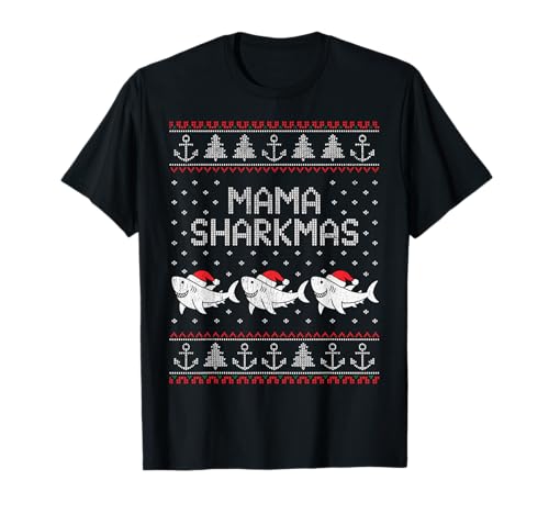 Mama Sharkmas Lustiger Hai Weihnachtsmannmütze Hässlicher Weihnachtspullover T-Shirt von Mama Shark Santa Hat Ugly Christmas Sweater