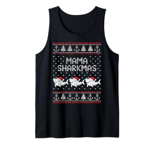 Mama Sharkmas Lustiger Hai Weihnachtsmannmütze Hässlicher Weihnachtspullover Tank Top von Mama Shark Santa Hat Ugly Christmas Sweater