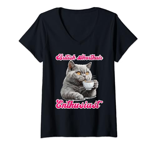 Damen Britische Kurzhaar Katze BRITISCH KURZHAAR ENTHUSIAST T-Shirt mit V-Ausschnitt Damen Britische Kurzhaar Katze BRITISCH KURZHAAR ENTHUSIAST T-Shirt mit V-Ausschnitt von Mama Shirt Britisch Kurzhaar Katze Geschenk Frauen