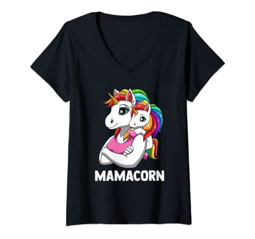 Damen Mamacorn Mutter Baby Tochter Einhörner T-Shirt mit V-Ausschnitt von Mama Tochter Einhorn Partnerlook