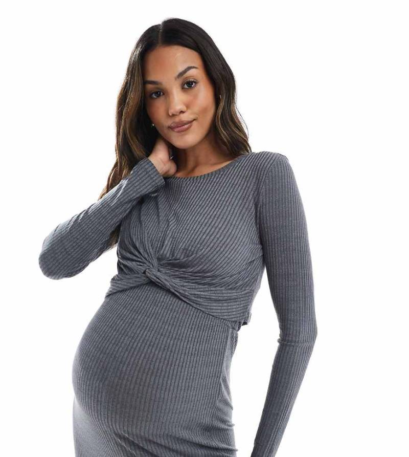 Mama. licious Maternity - Geripptes Umstandsoberteil in Grau meliert mit Knoten vorne, Kombiteil von Mama.licious