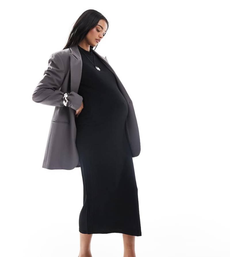 Mama. licious Maternity - Hochgeschlossenes, langärmliges Midi-Umstandskleid aus weichem Material in Schwarz mit Rippenmuster von Mama.licious