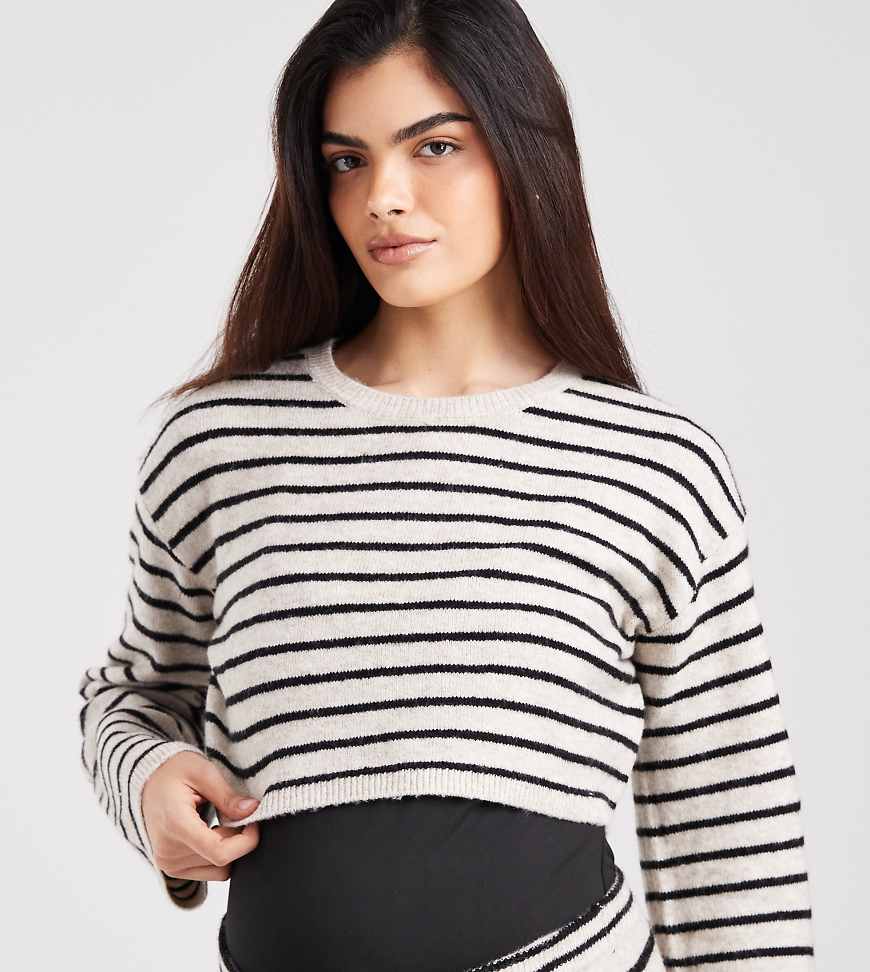 Mama. licious Maternity - Kurzer, langärmliger Umstands-Strickpullover in Schwarz und Cremeweiß gestreift, Kombiteil von Mama.licious
