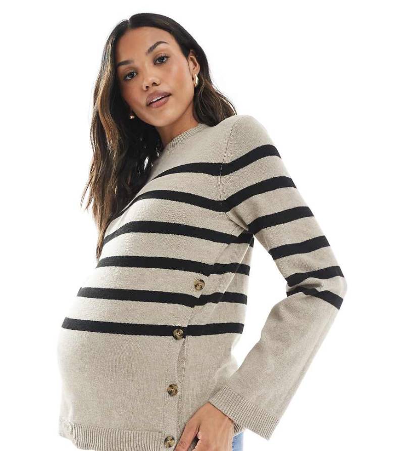 Mamalicious - Gestreifter Strickpullover in Beige und Schwarz mit geknöpfter, seitlicher Stillfunktion-Neutral von Mama.licious