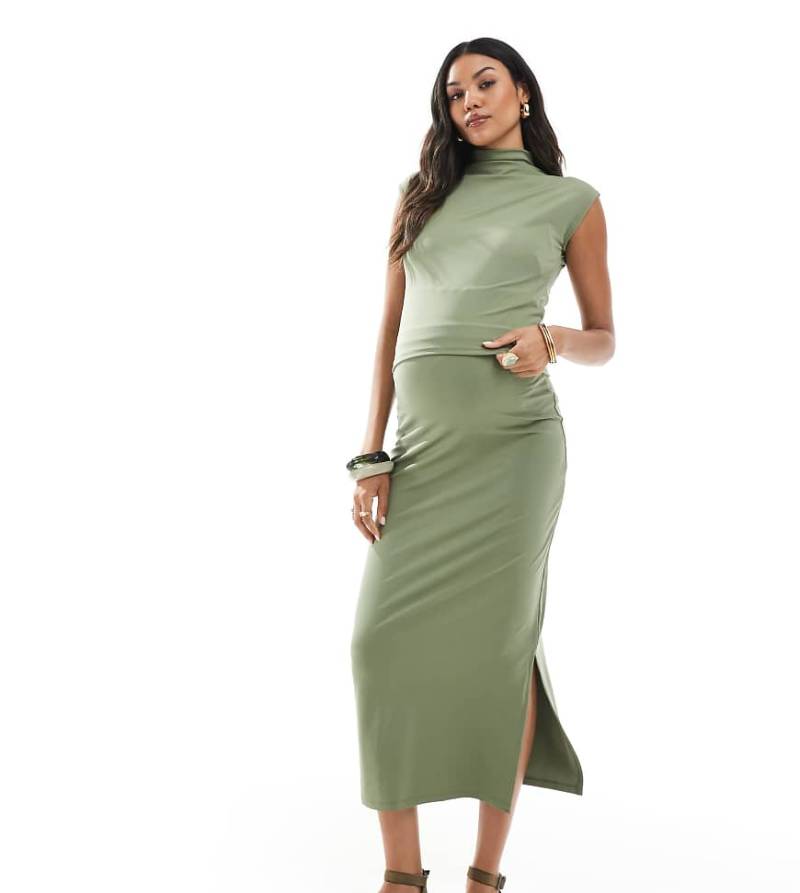 Mamalicious - Jersey-Midirock in Flechtengrün mit geschlitztem Detail, Kombiteil von Mama.licious