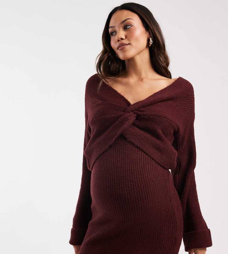 Mamalicious Maternity - Cropped Strickpullover in Burgunderrot mit verdrehter Vorderseite, Kombiteil von Mama.licious