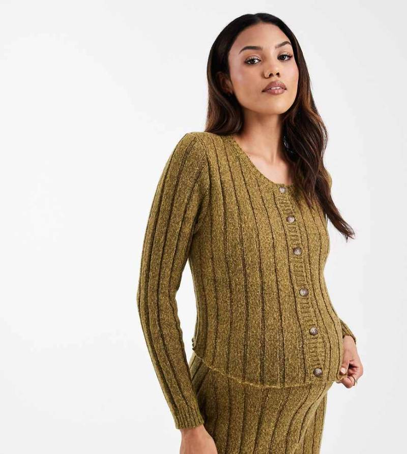 Mamalicious Maternity - Gerippte Cropped-Strickjacke in Gelbgrün, Kombiteil von Mama.licious