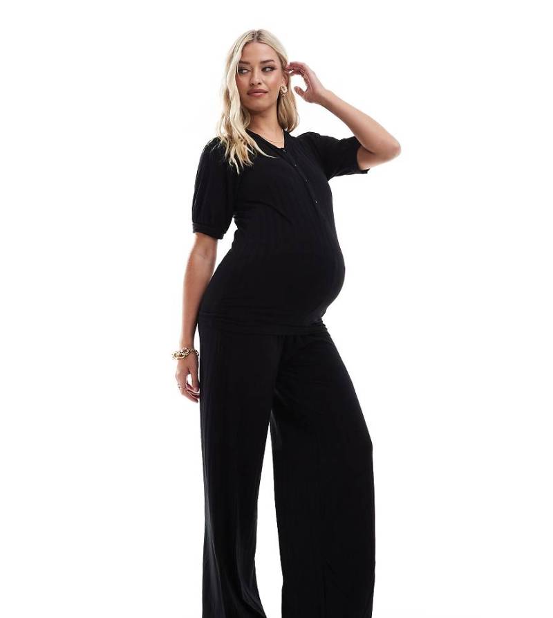 Mamalicious Maternity - Gerippte Hose in Schwarz mit Überbauchbund und weitem Schnitt, Kombiteil von Mama.licious