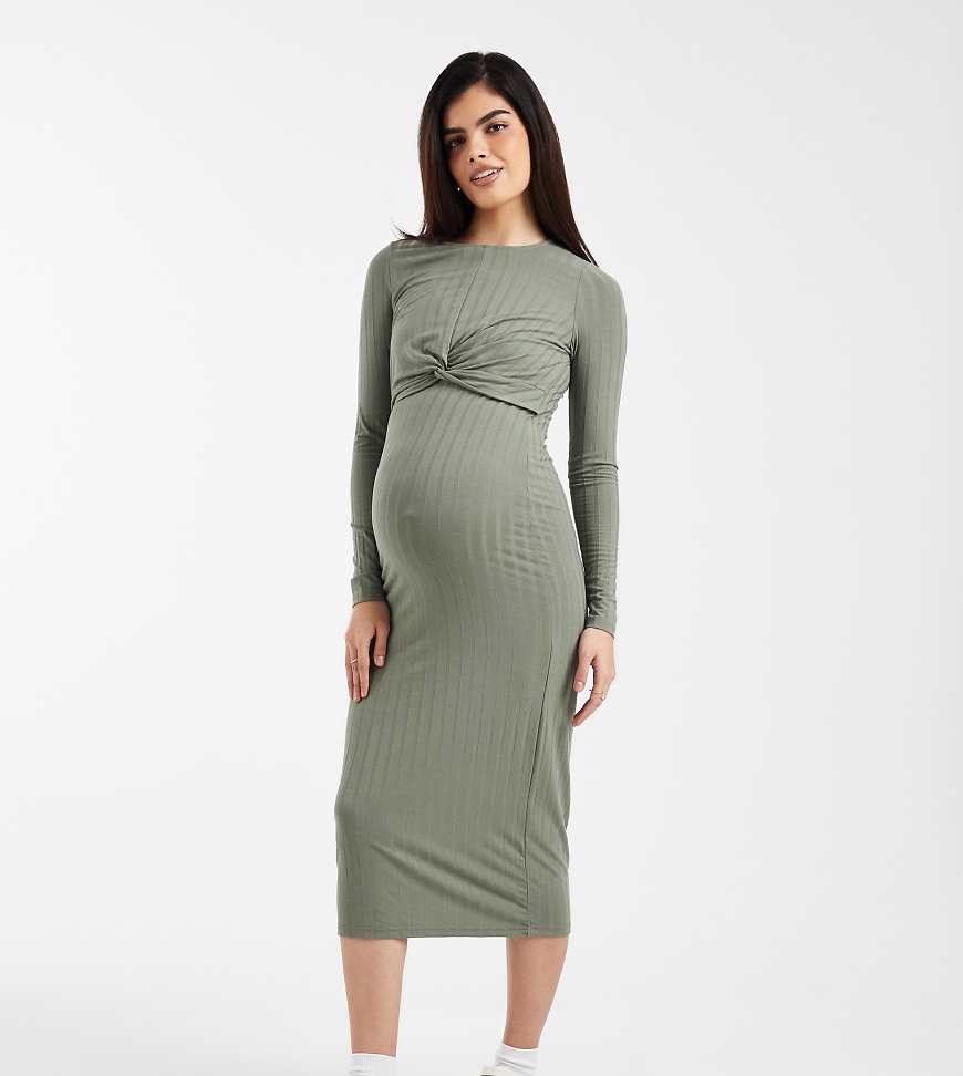 Mamalicious Maternity - Geripptes, langärmliges Midi-Stillkleid in Hellgrün mit zwei Funktionen von Mama.licious