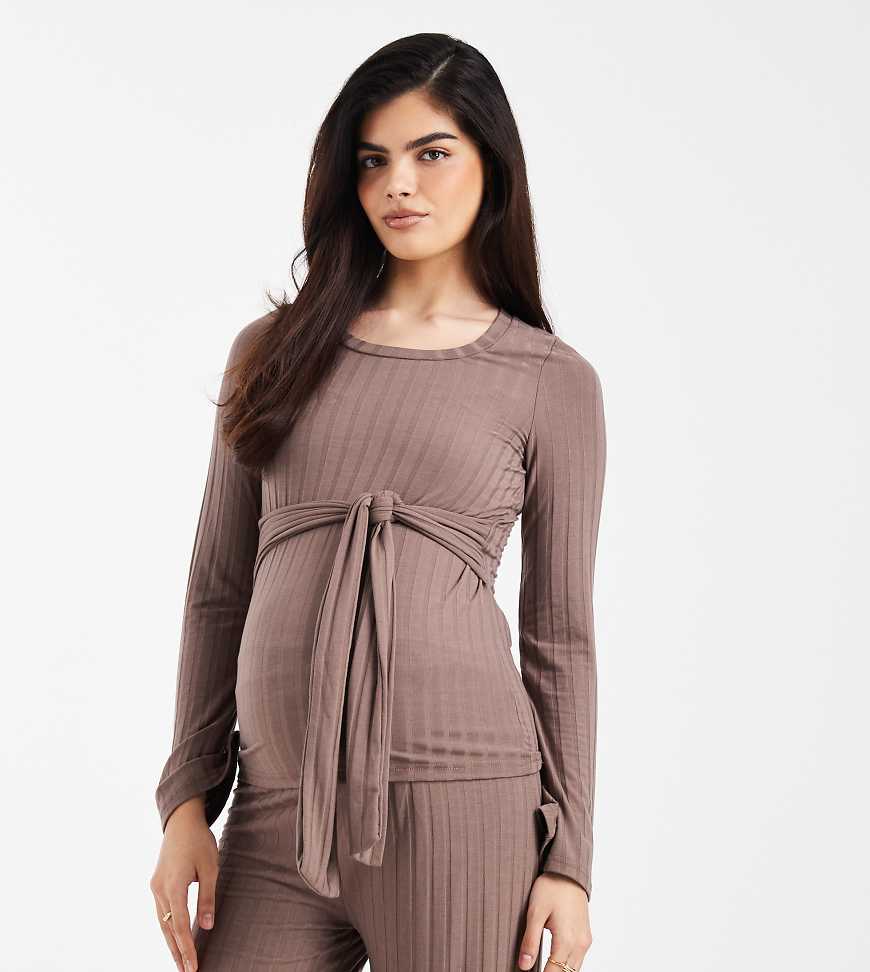 Mamalicious Maternity - Geripptes, langärmliges Oberteil in Hellbraun mit Bindedetail, Kombiteil-Brown von Mama.licious