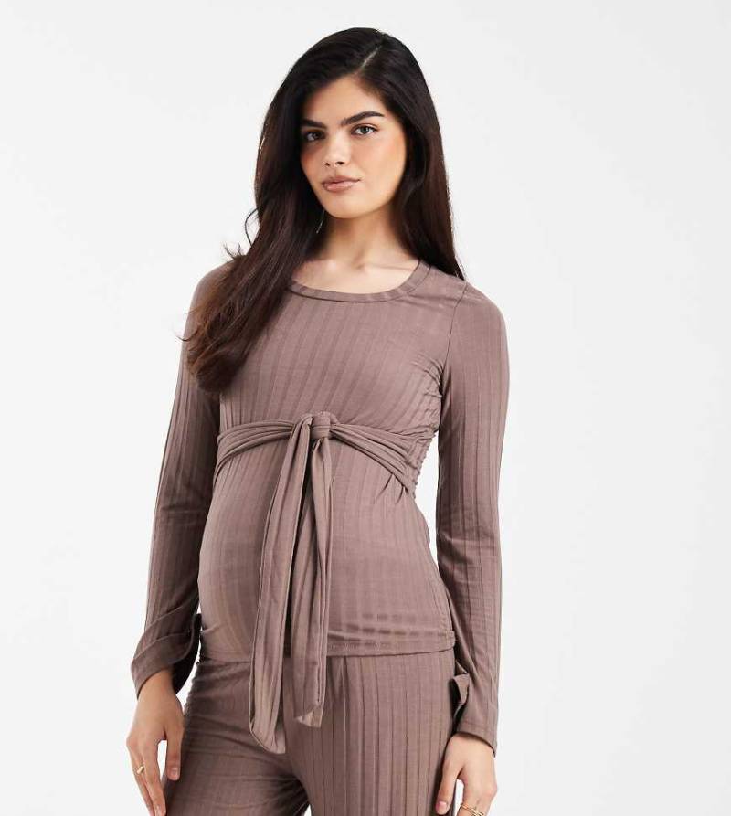Mamalicious Maternity - Geripptes, langärmliges Oberteil in Hellbraun mit Bindedetail, Kombiteil-Brown von Mama.licious